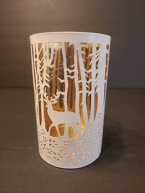 New Fancy White & Gold Metal Deer & Woods Décor Container+Lavender Candle, Gift